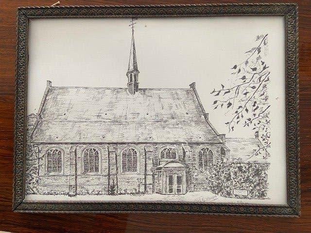 Leiderdorp pentekening dorpskerk van P.H de Bossch, Ophalen of Verzenden, Tekening, Pentekening, Handgemaakt