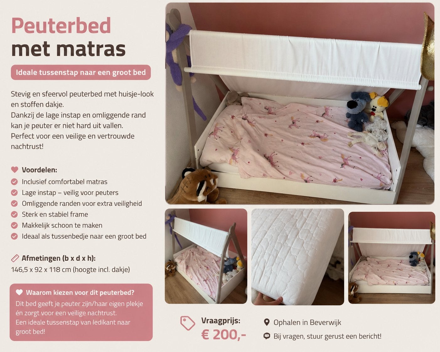Peuterbed met matras – huisje model –, 70 tot 85 cm, Zo goed als nieuw, Matras, 140 tot 160 cm