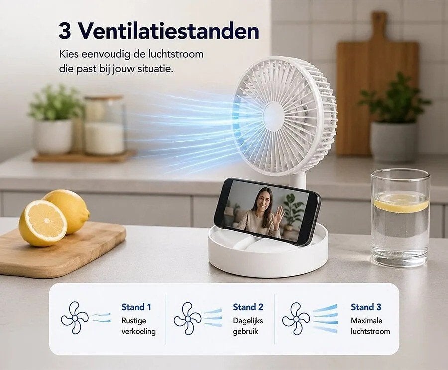 Ventilator Oplaadbaar USB-C Opvouwbaar, Witgoed en Apparatuur, Ophalen of Verzenden, Nieuw, Tafelventilator