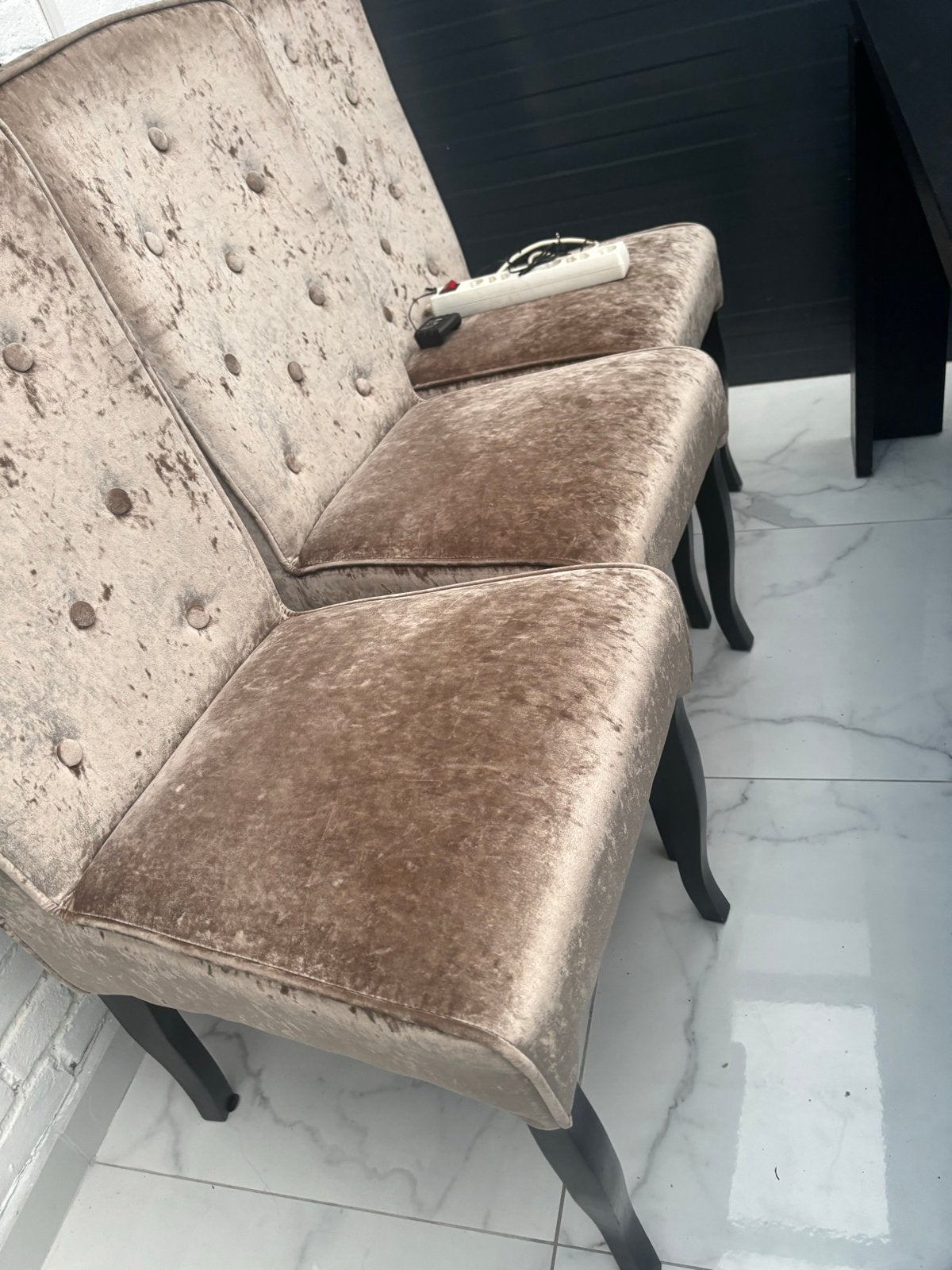 Set van 6 fluwelen eetkamerstoelen - Taupe/, Gebruikt, Twee, Overige kleuren, Ophalen of Verzenden