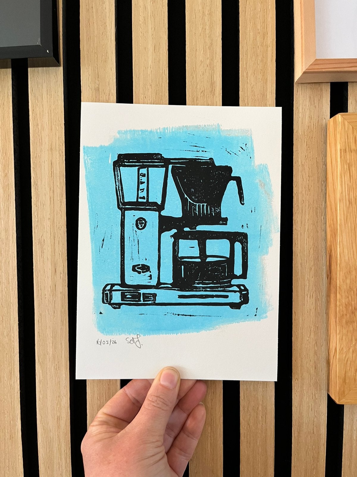 Linosnede afdruk retro koffiezetapparaat 15x20 cm, Ophalen of Verzenden