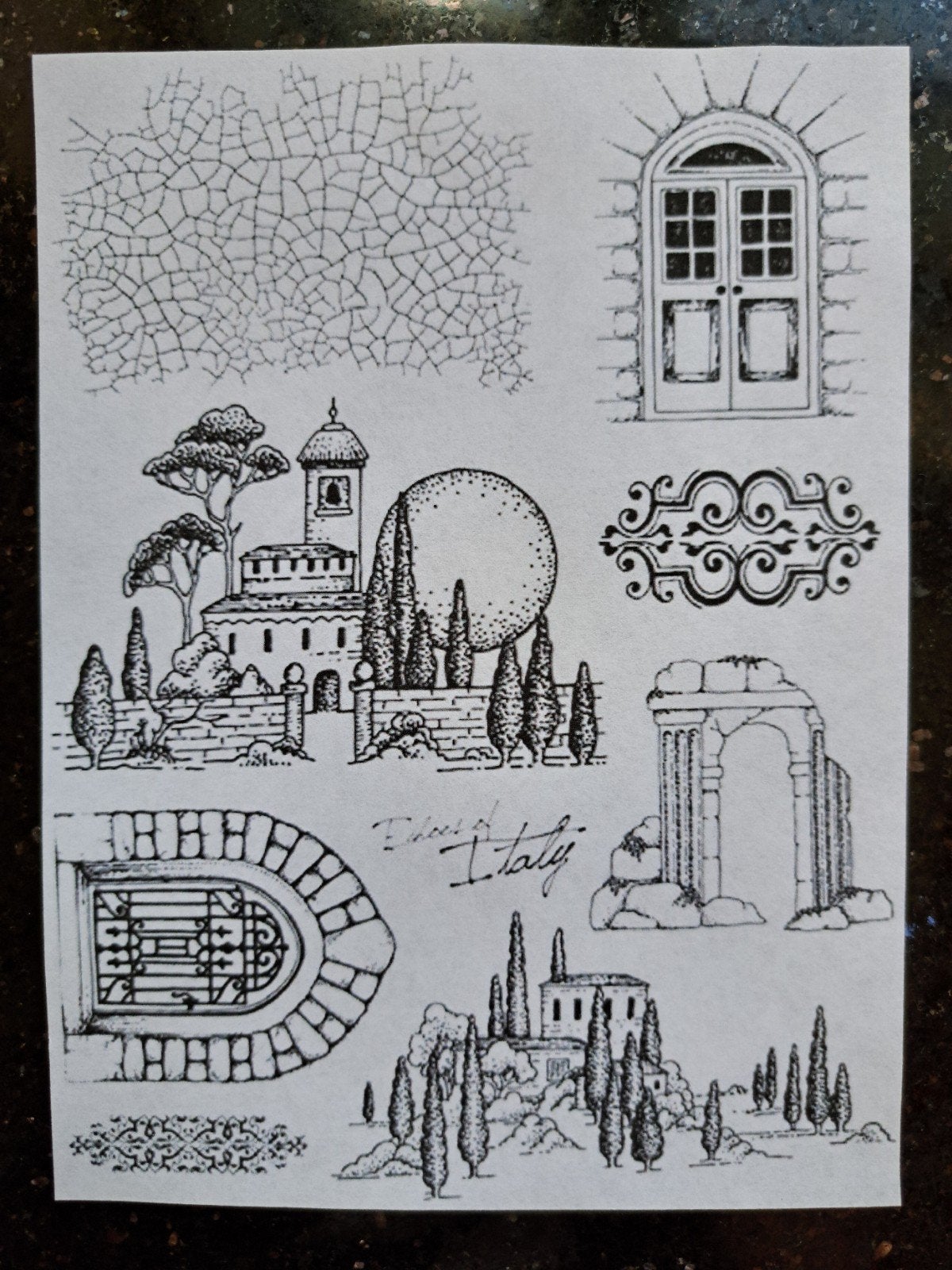 CHOCOLAT BAROQUE RUBBER STEMPELS TRAVEL ITALIË JOURNALING A4, Hobby en Vrije tijd, Ophalen of Verzenden, Zo goed als nieuw, EZ-mounted stempel