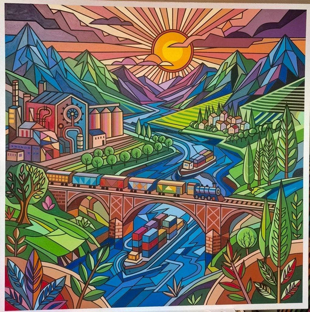 Schilderij Franklin van Dam Geometrisch Landschap Industrie, Abstract, Acrylverf, Hout, Handgeschilderd