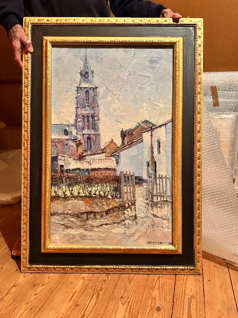 Impressionistisch stadsgezicht – olieverf – gesigneerd, Antiek en Kunst, Ophalen, Doek, Impressionistisch, Bijzondere lijst