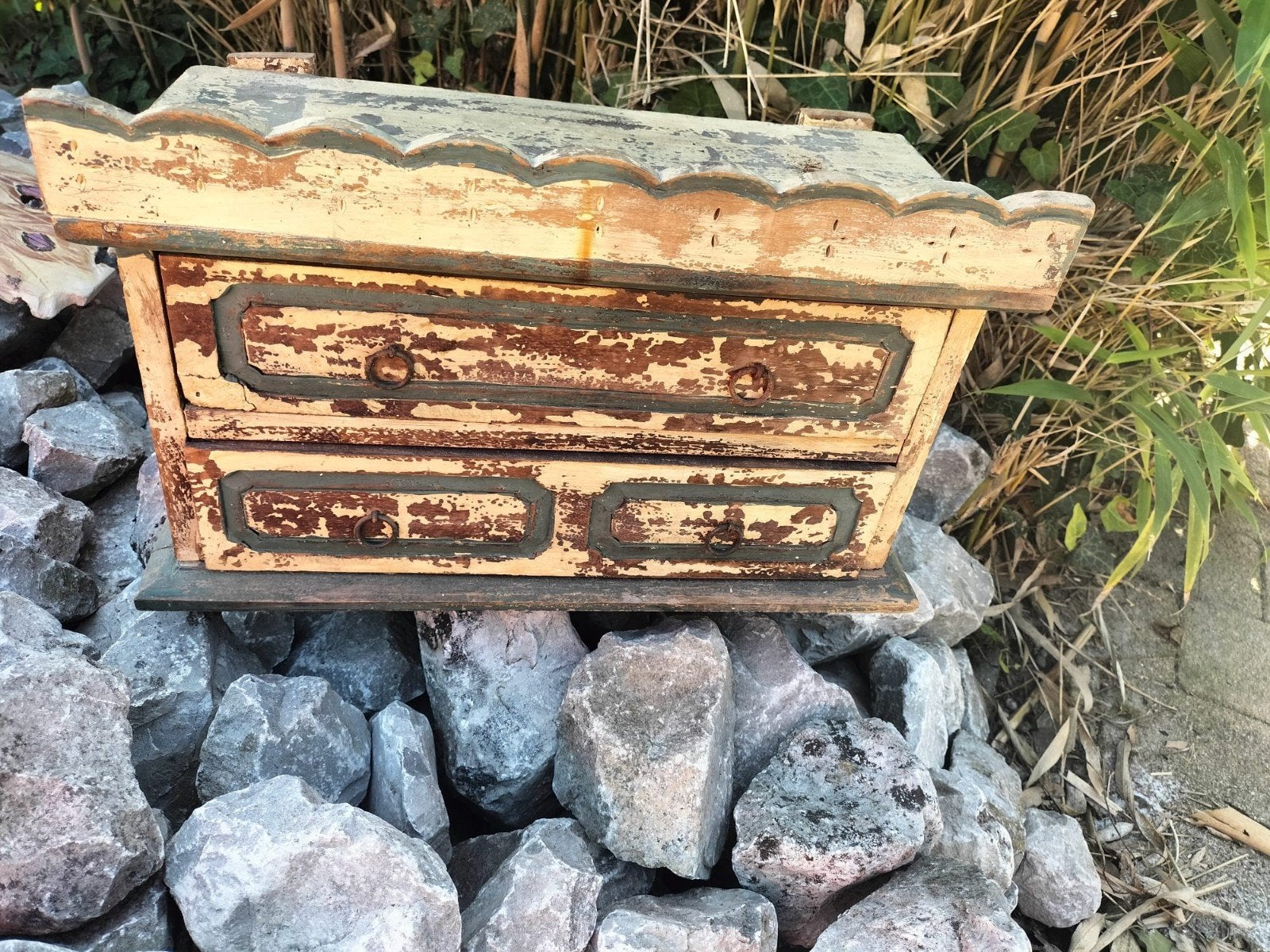 Vintage houten mini ladekastje met 2 lades, Ophalen of Verzenden