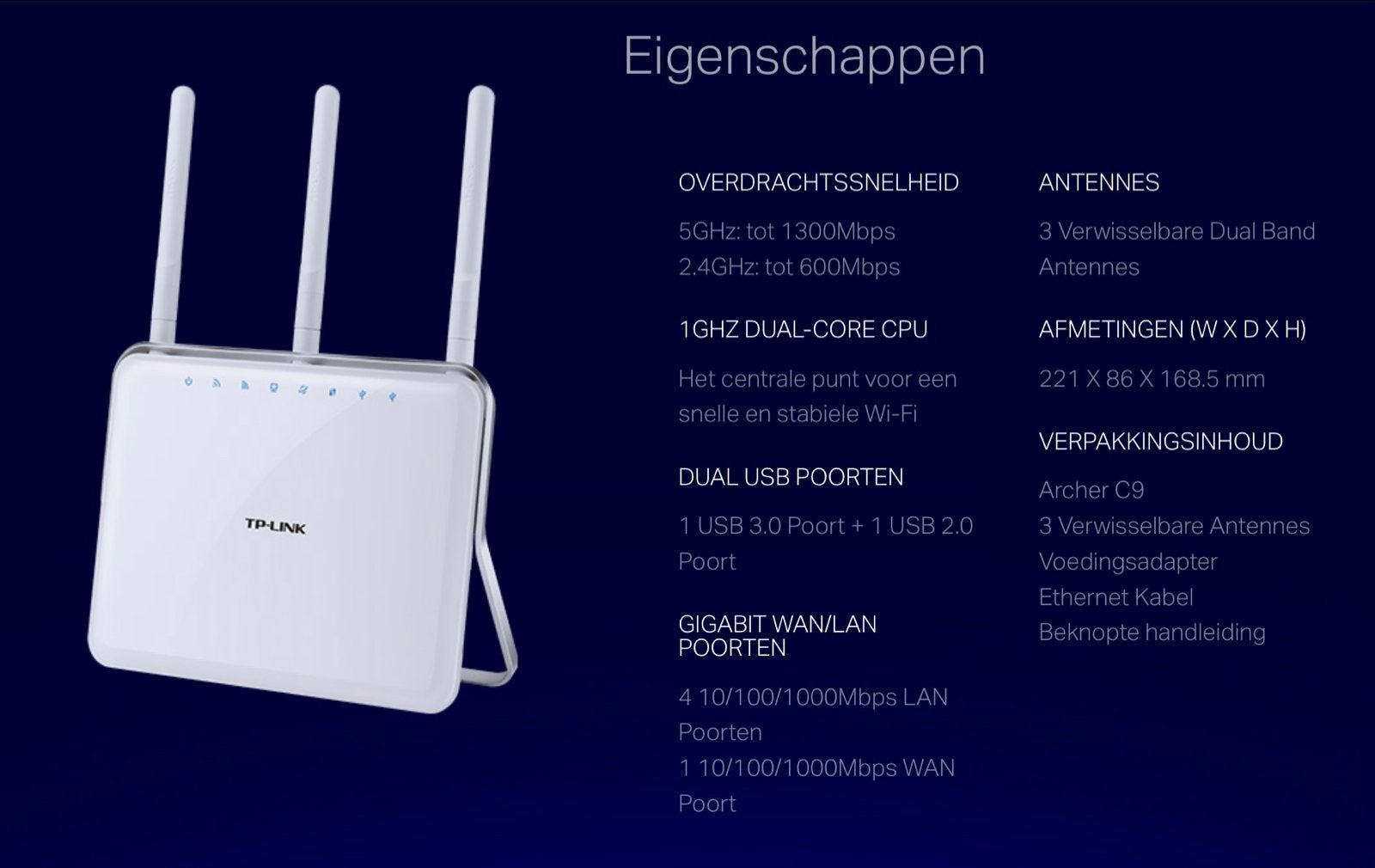 TP-Link Archer C9 AC1900 Draadloze Dual-Band Gigabit Router, Computers en Software, Routers en Modems, Ophalen of Verzenden, Zo goed als nieuw