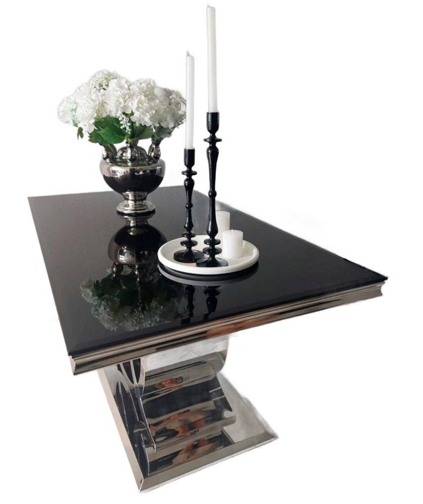 Hoogglans Luxe Eettafel met Gehard Glazen Tafelblad, Ophalen, Glas, 50 tot 100 cm, Zo goed als nieuw