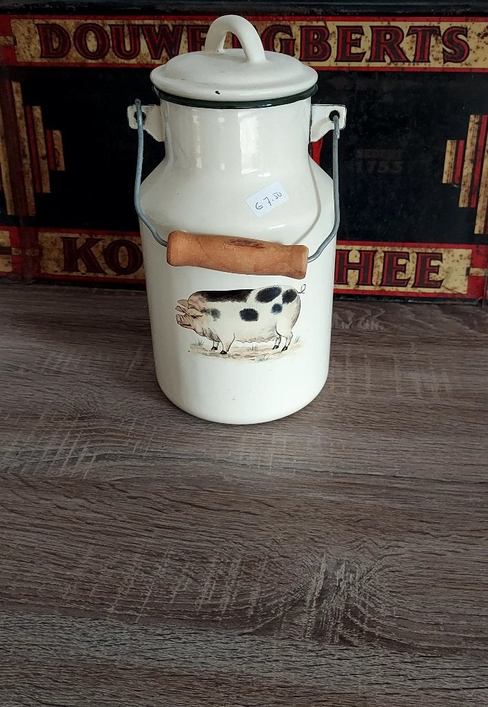 Emaille melkbus creme met varken, Ophalen of Verzenden