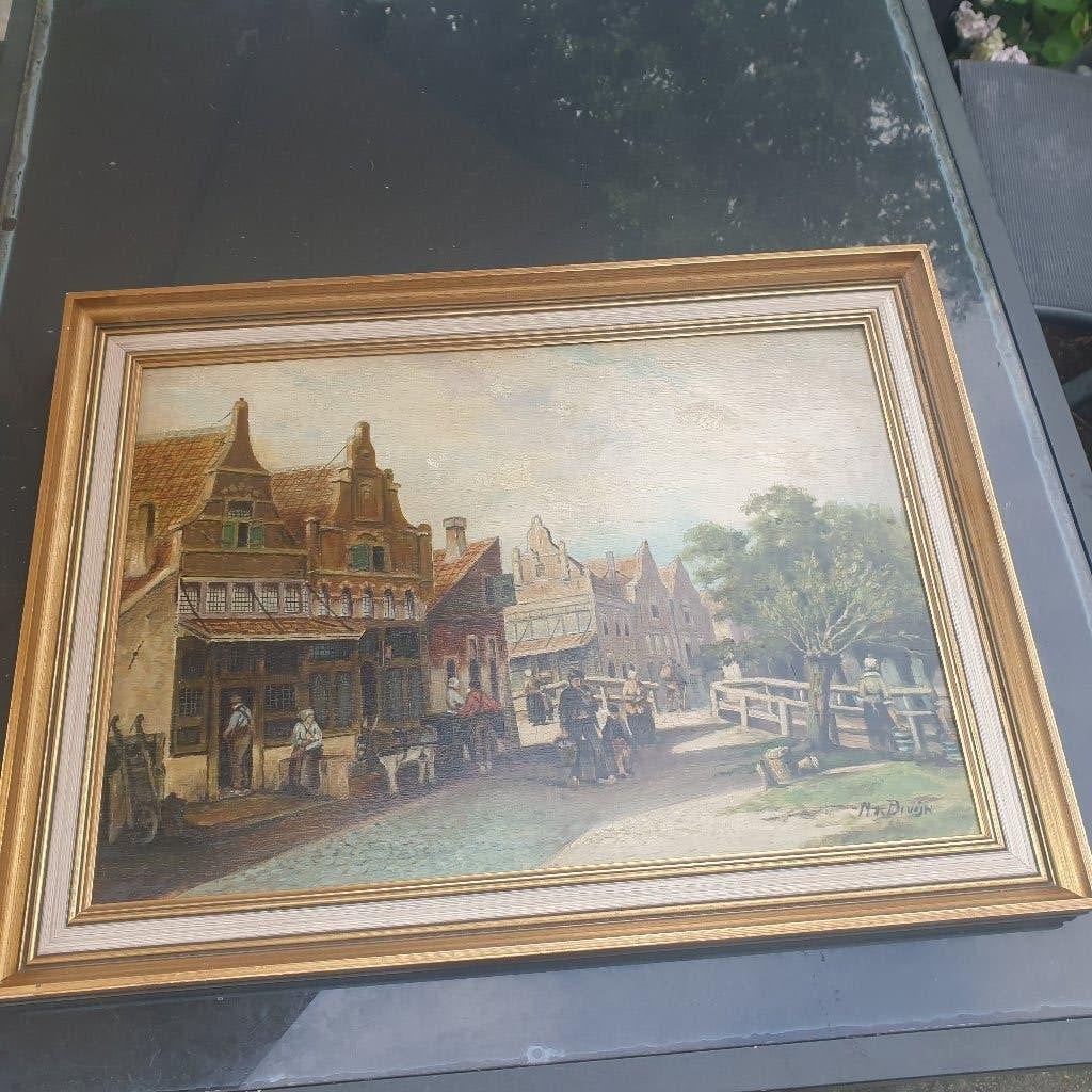 Schilderij dubbelluik op hout, Antiek en Kunst, Paneel, Verzenden, Gesigneerd, Olieverf