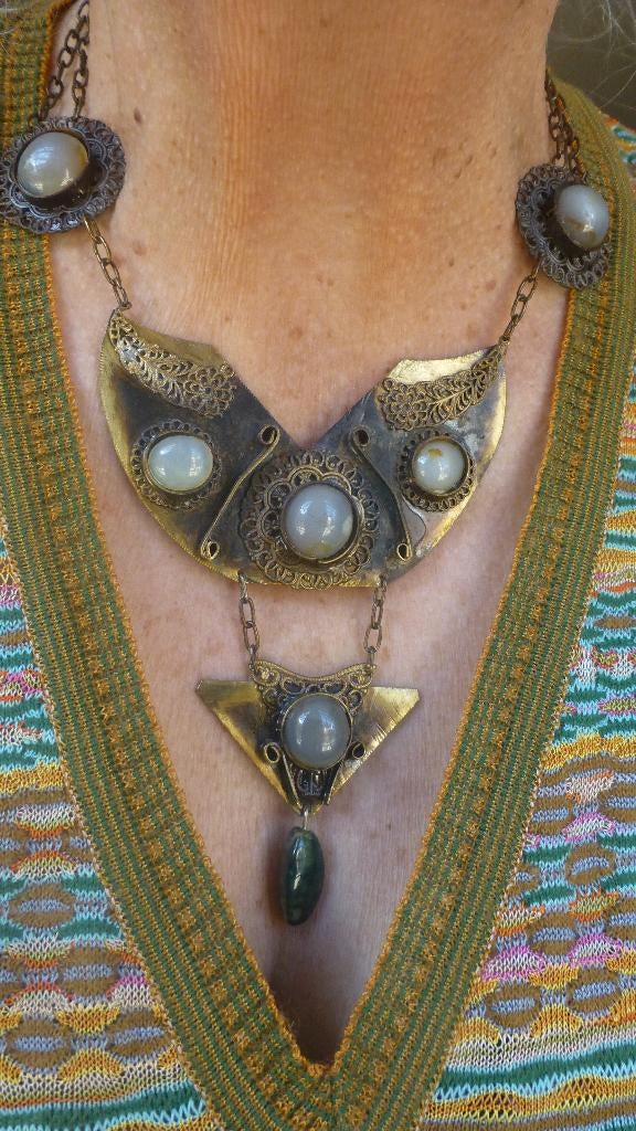 Vintage Oriëntaals Collier Filigrein Mos-Agaat  + Chalcedoon, Sieraden, Tassen en Uiterlijk, Antieke sieraden, Verzenden, Koper