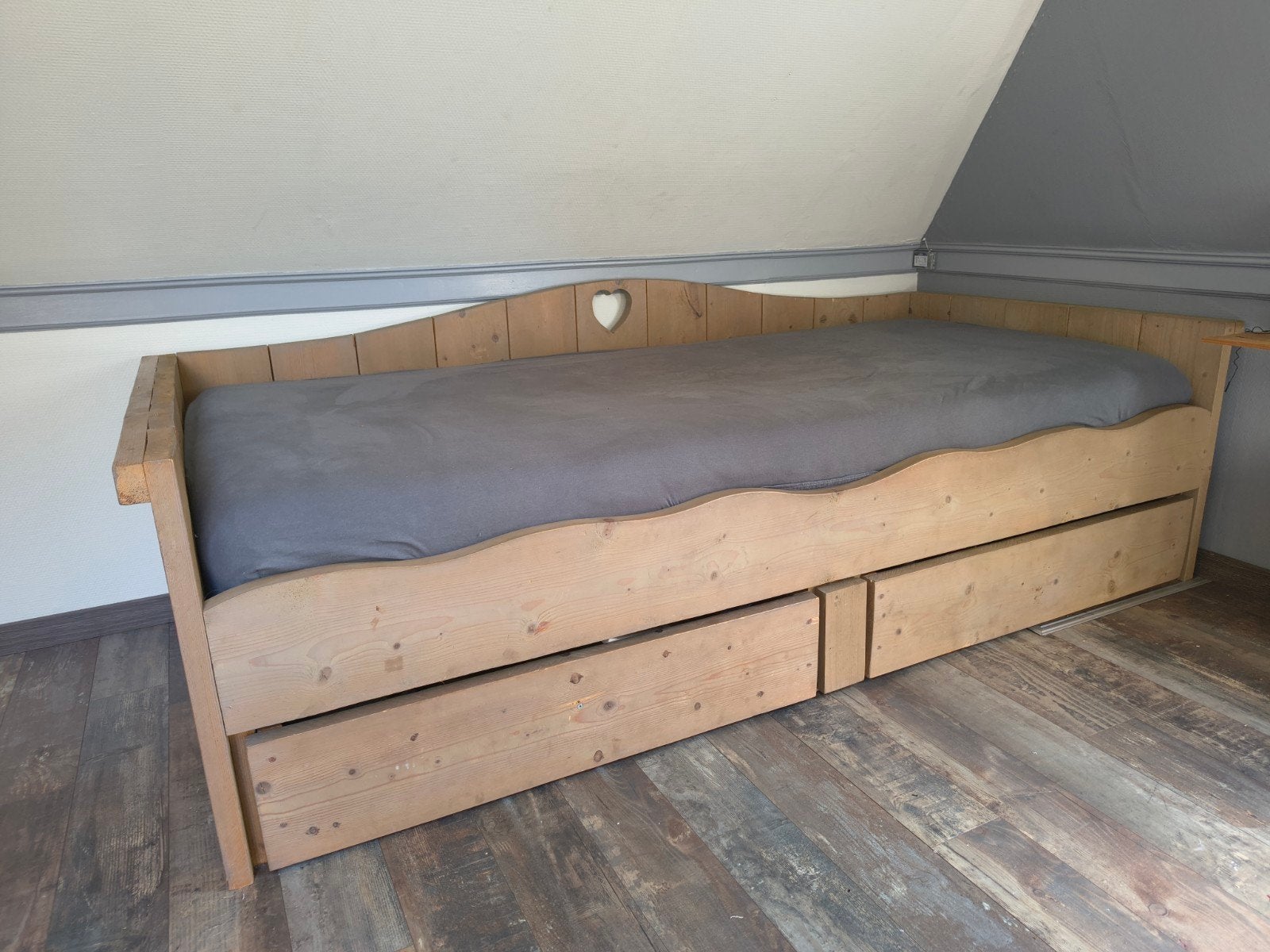Steigerhout 1 persoons bed + lattenbodem en lades, Ophalen, Gebruikt, 90 cm, Eenpersoons