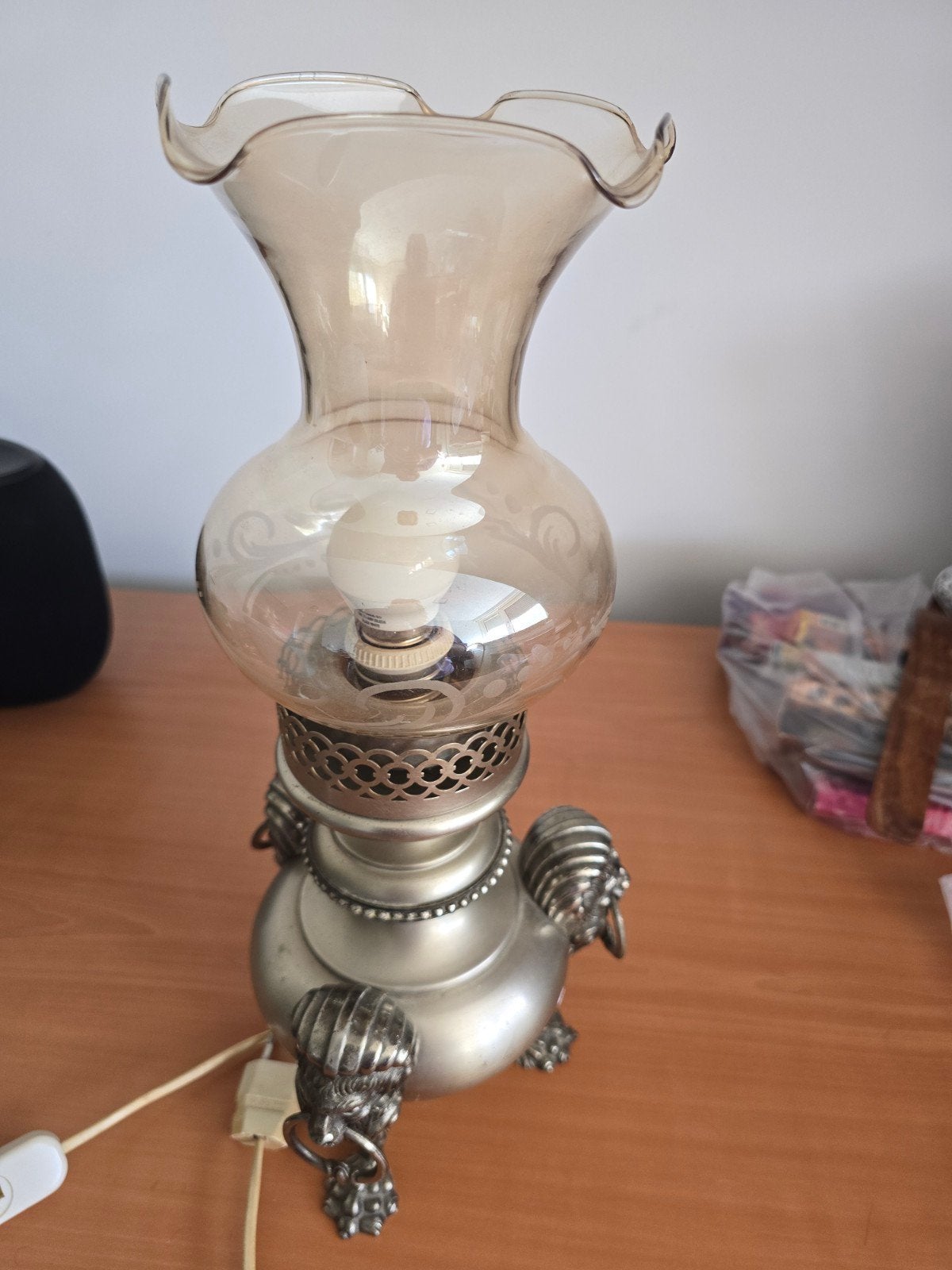Prachtige vintage tafellamp in olielamp-stijl (omgebouwd naa, Ophalen of Verzenden