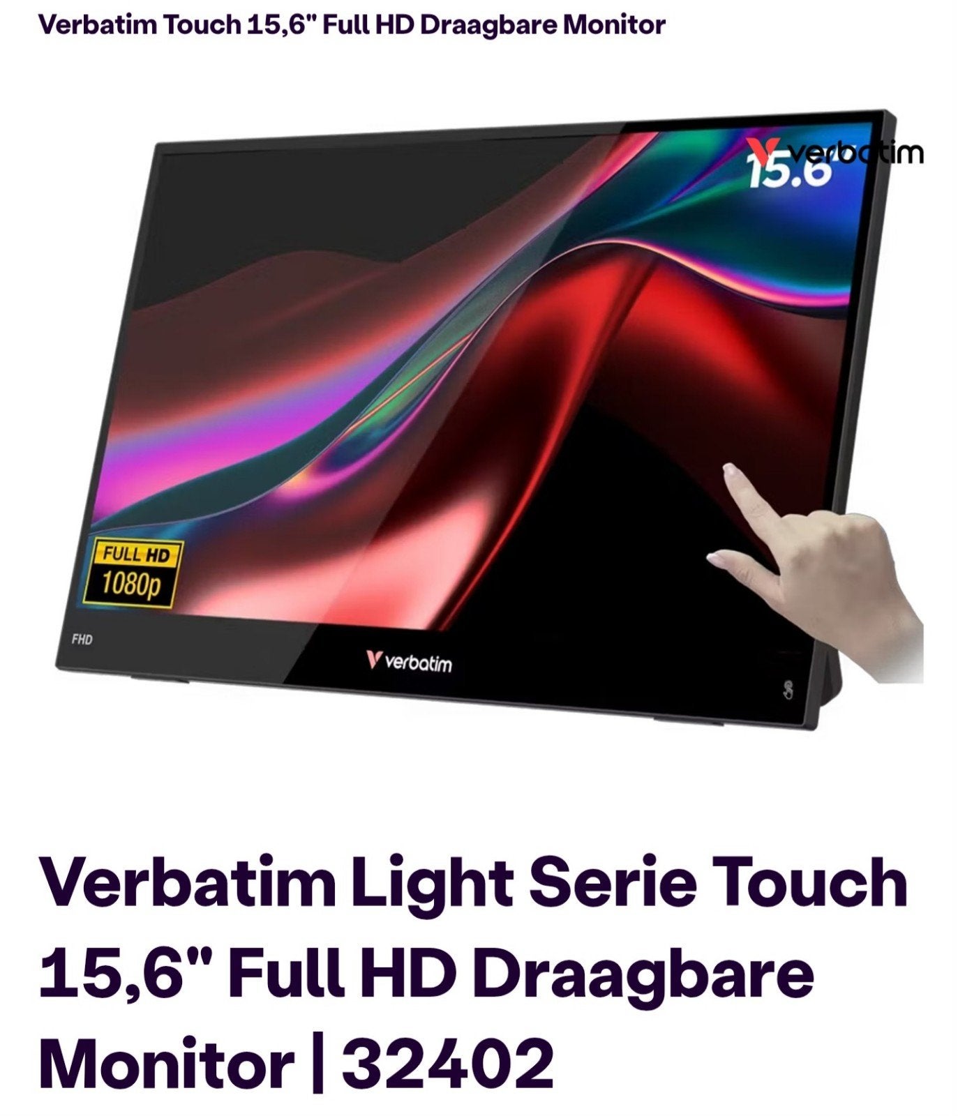 Verbatim 15.6" Full HD Draagbare Touch Monitor, Computers en Software, Monitoren, IPS, HDMI, Nieuw, Full HD