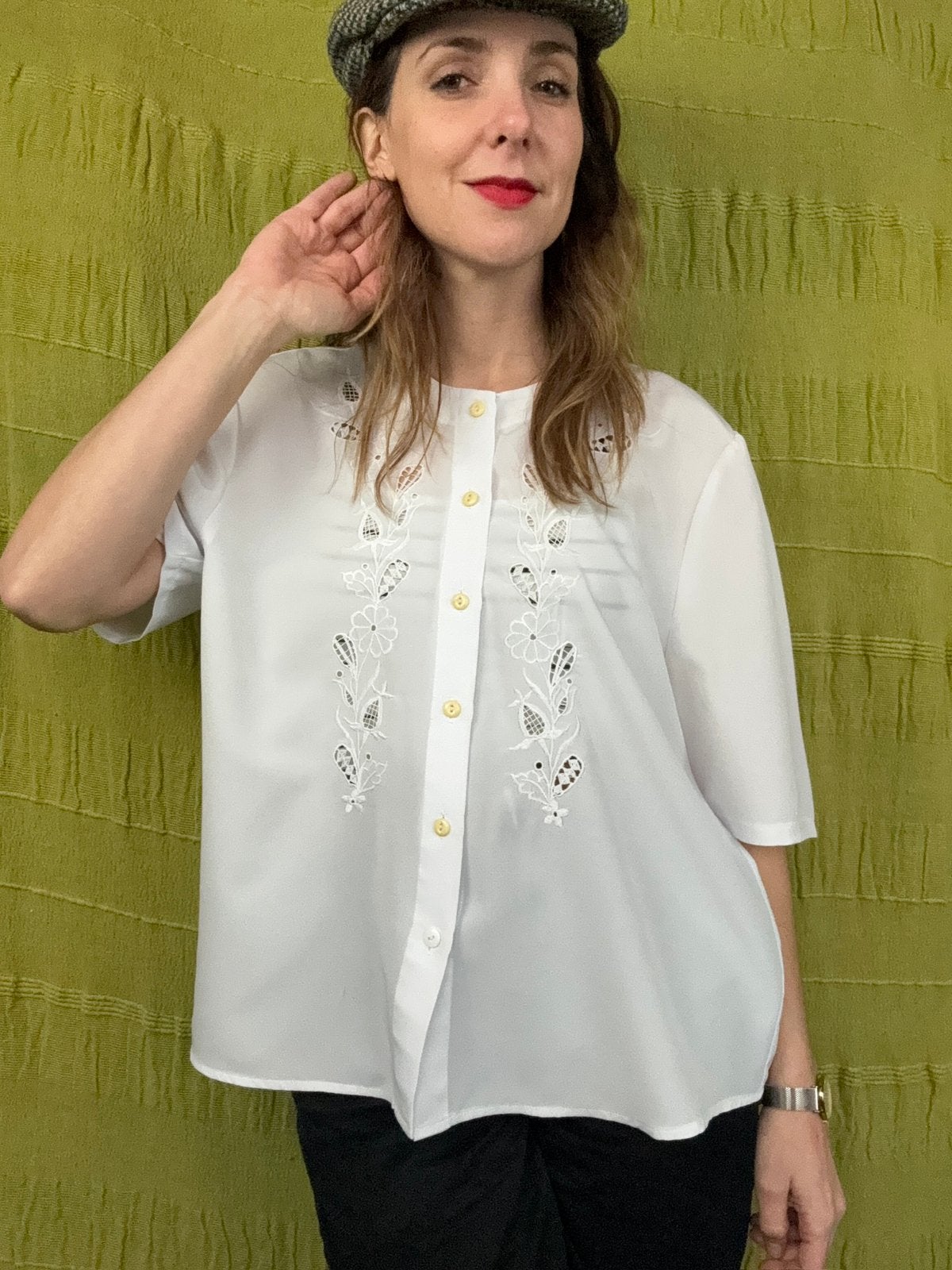 Vintage witte blouse / shirt - embroidery - 40/L, Maat 38/40 (M), Hgv, Wit, Hgv