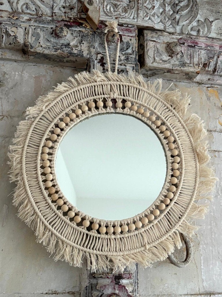 Boho macramé spiegel - 34cm, Minder dan 50 cm, Rond, Ophalen of Verzenden, Zo goed als nieuw