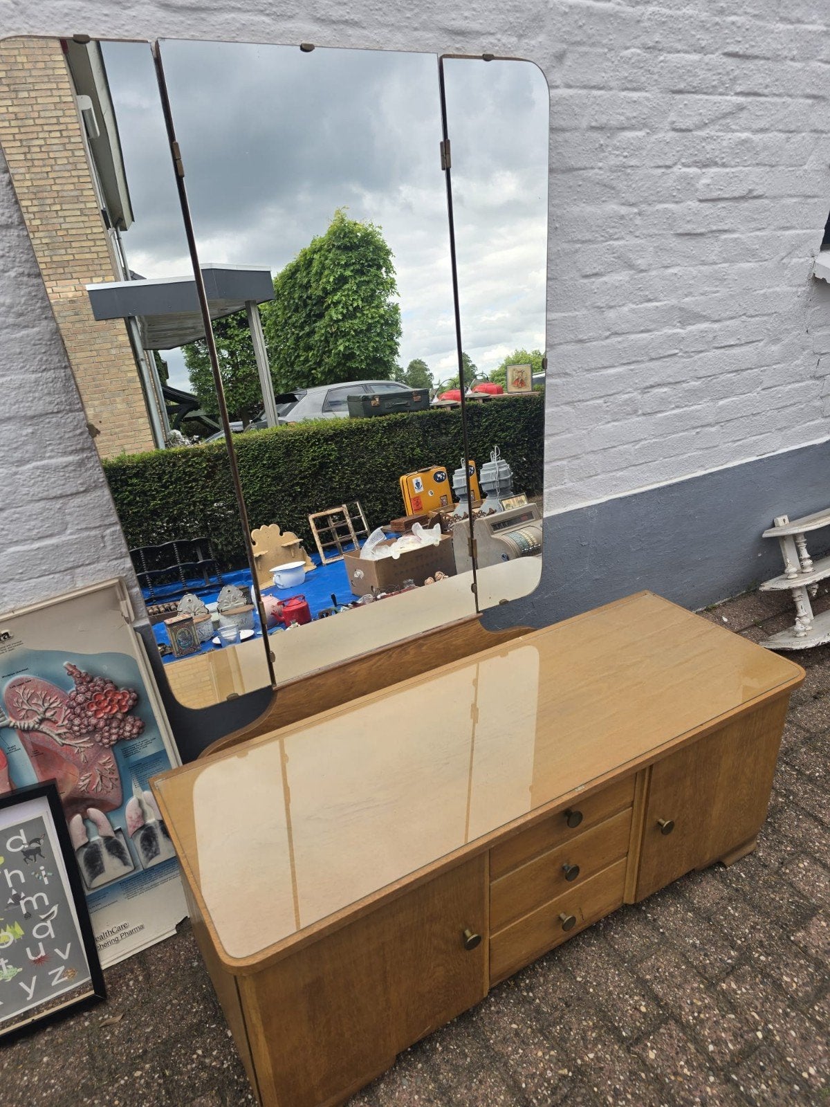 Vintage kaptafel met drieluik spiegel, Antiek en Kunst, Ophalen of Verzenden, Rechthoekig