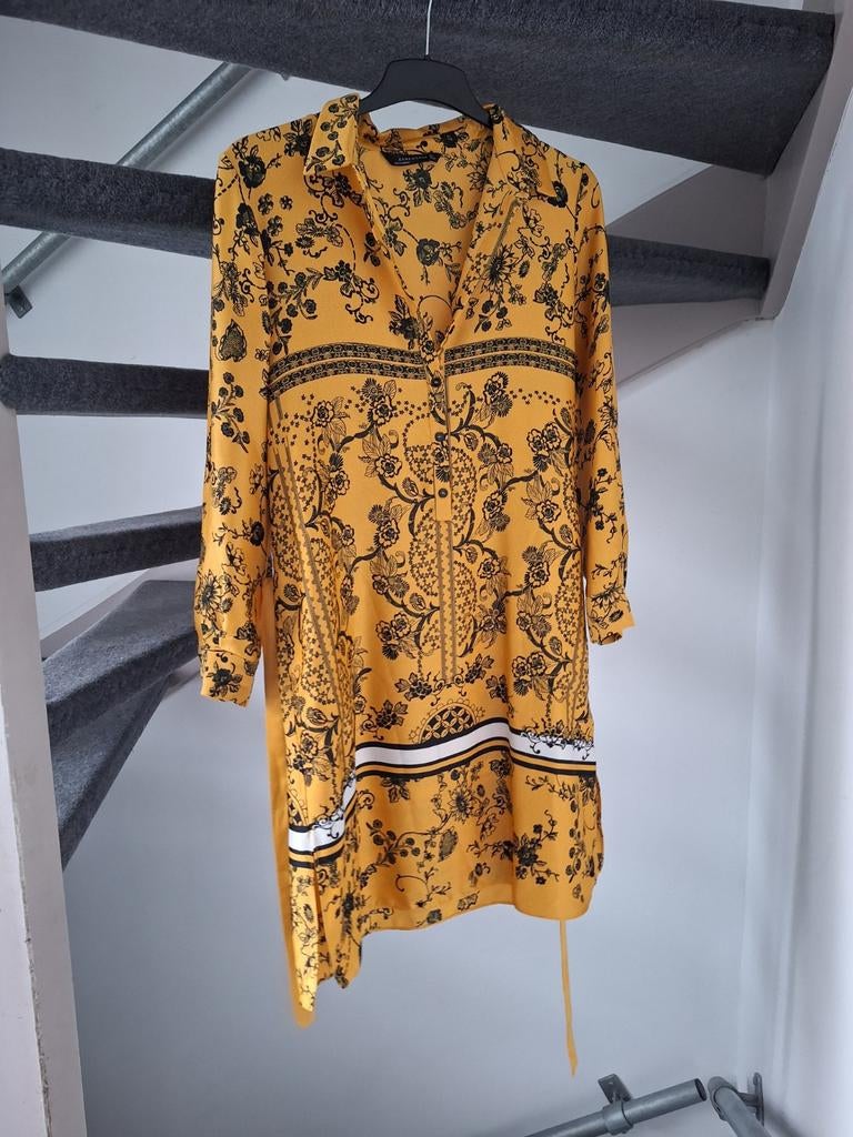 Zara Woman Tuniek Jurk Geel met Zwart Bloemenprint Maat L, Maat 38/40 (M), Geel, Ophalen of Verzenden, Zo goed als nieuw