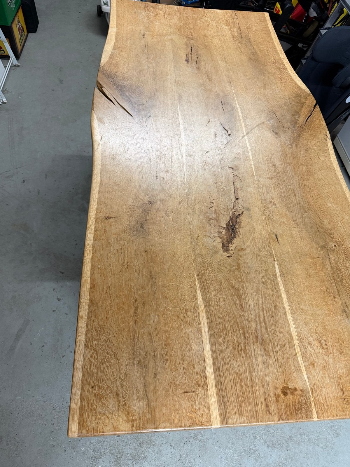 Massief eiken houten tafel met stalen onderstel + salontafel, Ophalen, Eikenhout, 50 tot 100 cm, Zo goed als nieuw