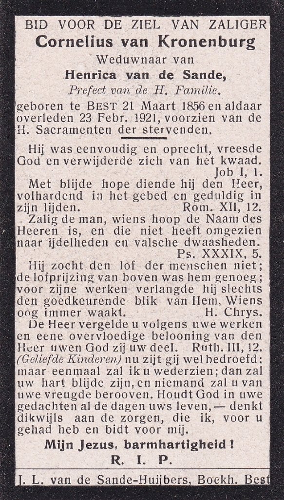 Kronenburg Cornelius 1856 Best 1921, Verzamelen, Ophalen of Verzenden, Bidprentje