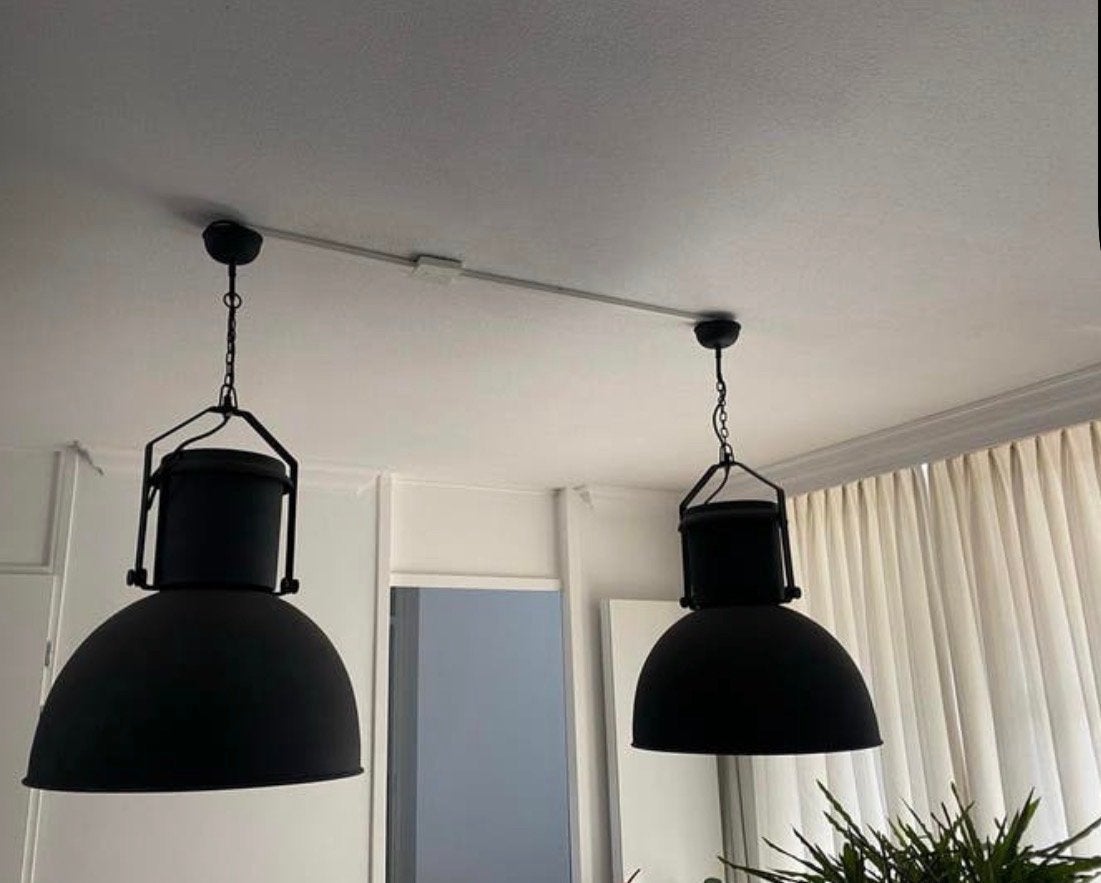 Set van 2 Industriële Hanglampen - Grijs, Huis en Inrichting, Ophalen, Gebruikt, Metaal, E27 (groot)