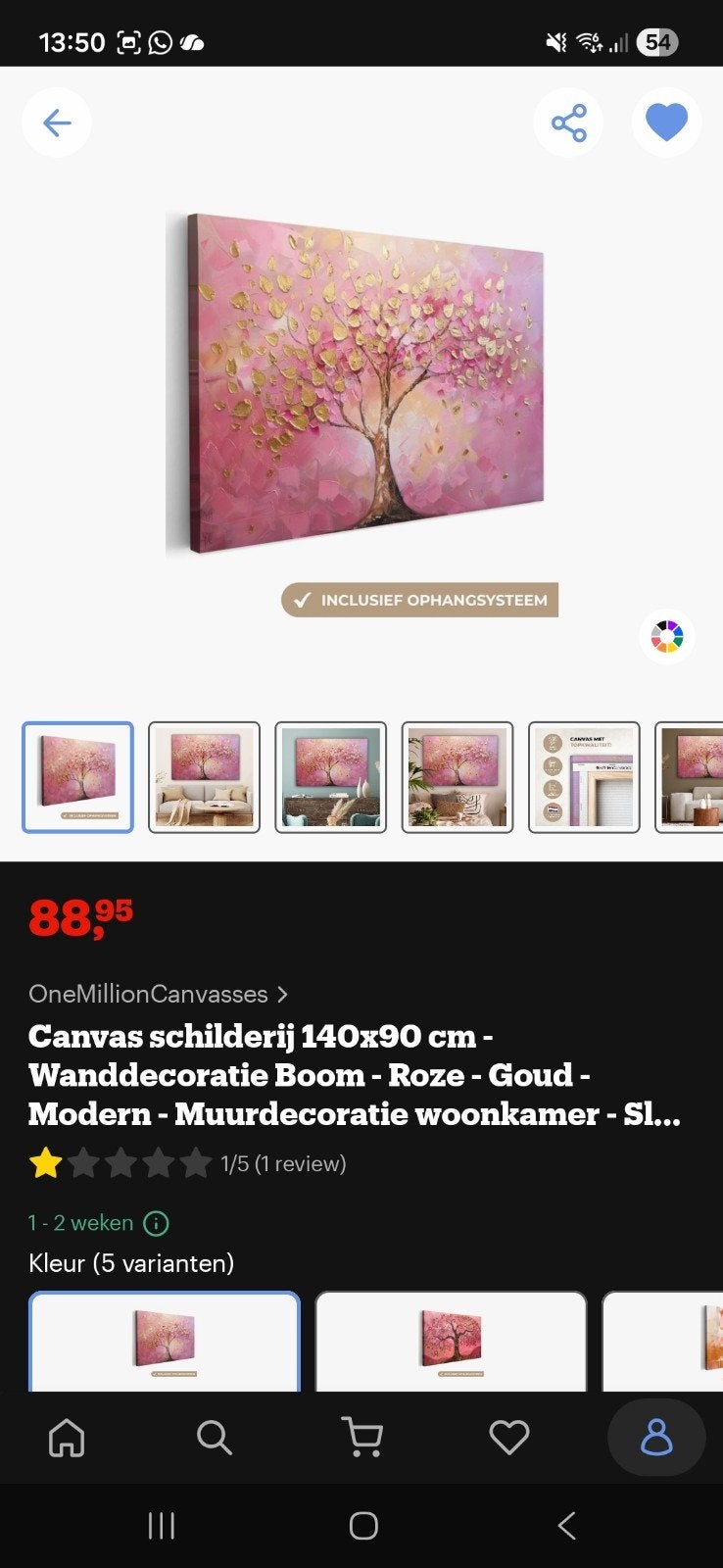 Modern Schilderij Roze Boom met Gouden Bladeren 140x90 cm, Op houten frame, Print, Textiel, Landschap