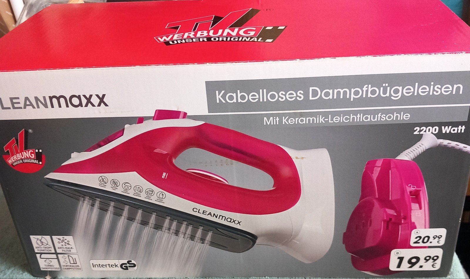NIEUW in Doos Draadloos Stoomstrijkijzer CleanMaxx 2200 Watt, Ophalen of Verzenden, Nieuw, Draadloos strijkijzer