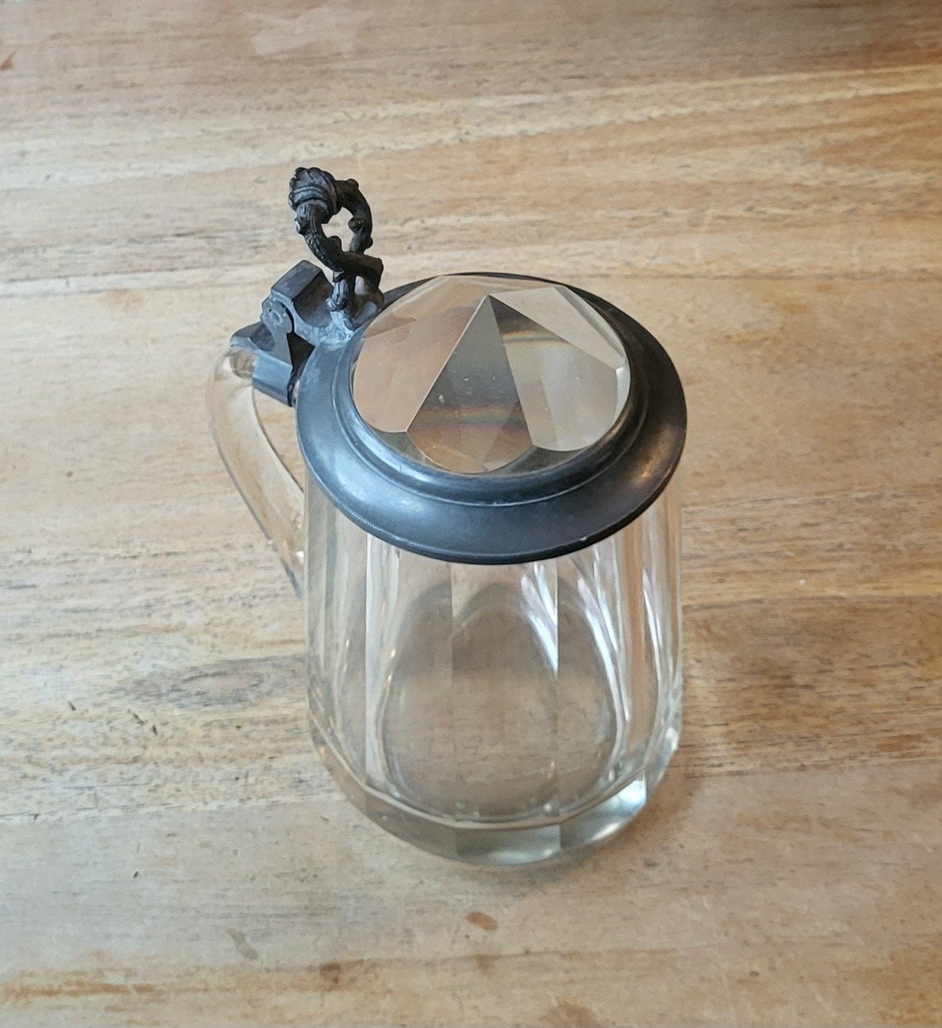 Oude glazen bierpul met deksel, Ophalen of Verzenden
