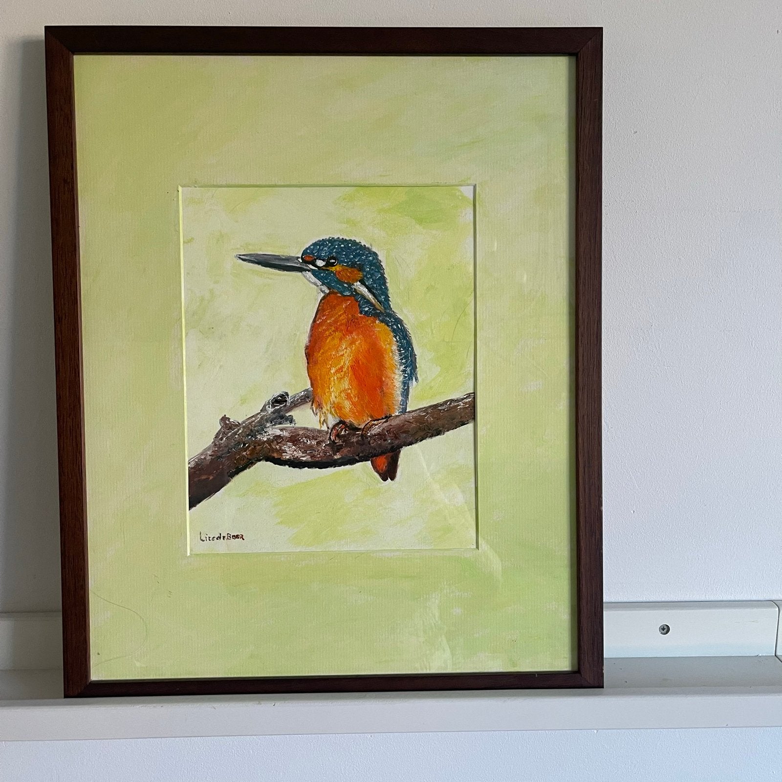 Olieverfschilderij IJsvogel in houten lijst met glas 40x50, Ophalen of Verzenden, Achter glas, Olieverf, Dieren