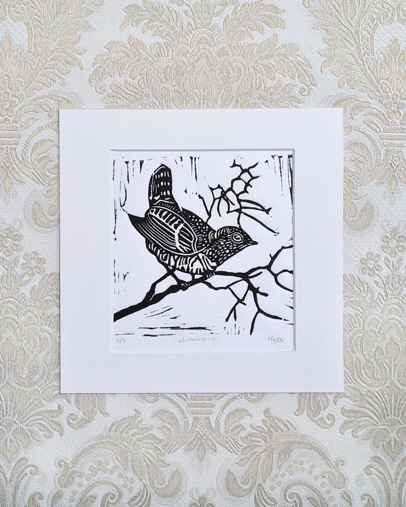 Linosnede print Winterkoning, met passe partout 20x20, zwart, Minder dan 50 cm, Oorspronkelijke maker, Nieuw, Ophalen of Verzenden
