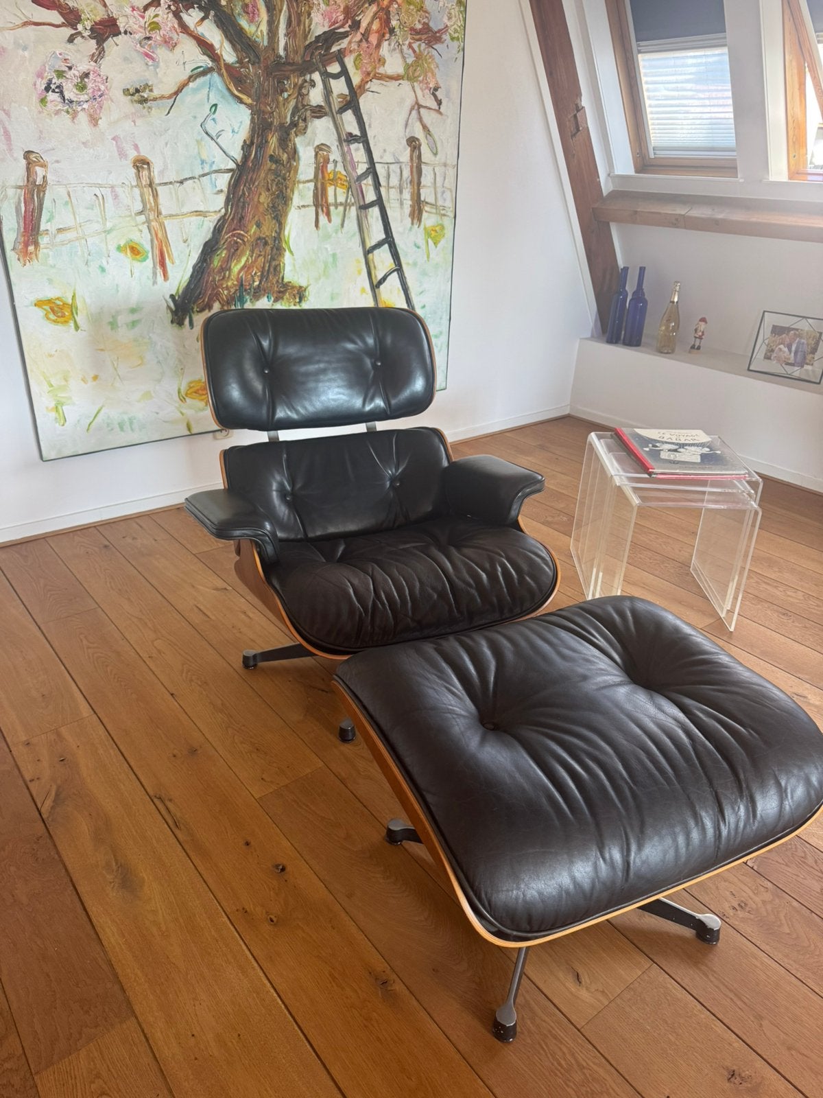 Vintage Charles eames lounge met Herman Miller by Vitra, Ophalen, Gebruikt, Zwart, Leer