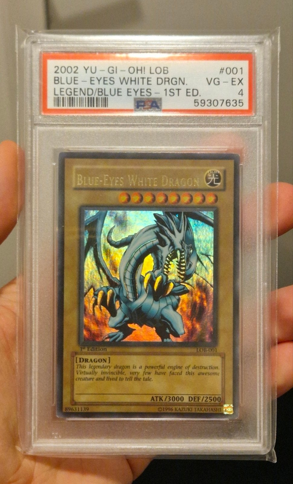 PSA 4 Blue-Eyes White Dragon LOB-001 1st Edition Yu-Gi-Oh!, Ophalen, Gebruikt, Losse kaart, Foil