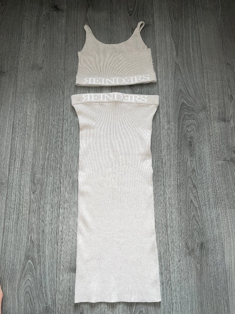 reinders beige tweedelig twin set rib top en rok mt M / L, Maat 38/40 (M), Reinders, Beige, Ophalen of Verzenden
