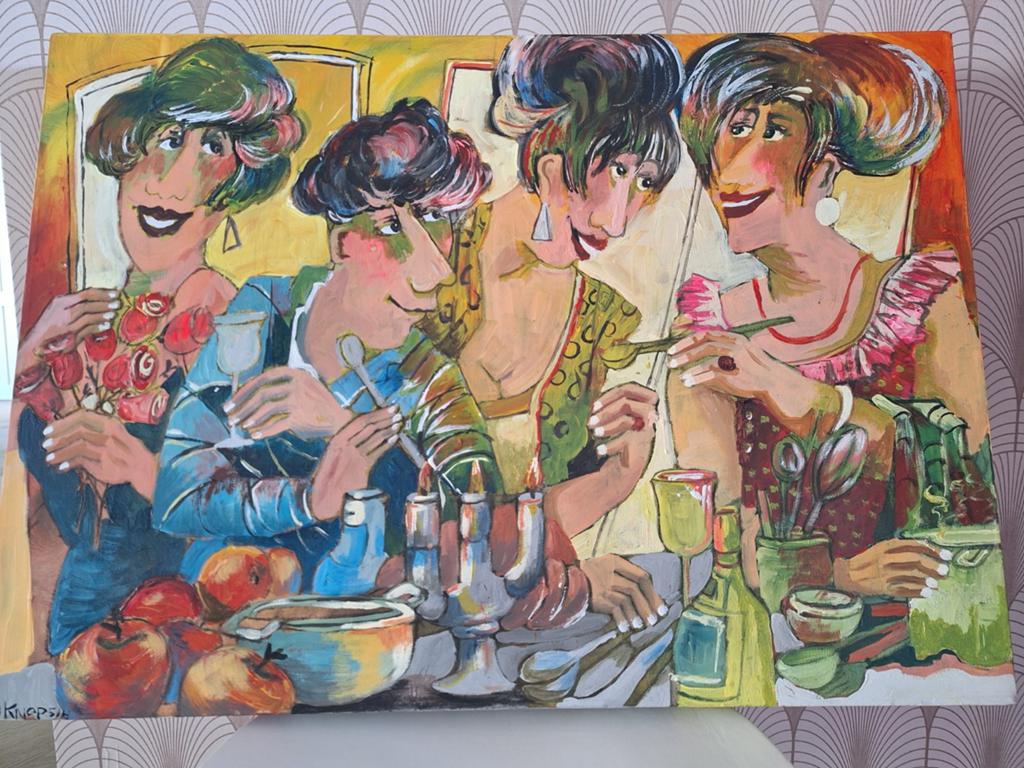 De borrelende dames, olieverf schilderij op canvas, 70 x 50, Ophalen