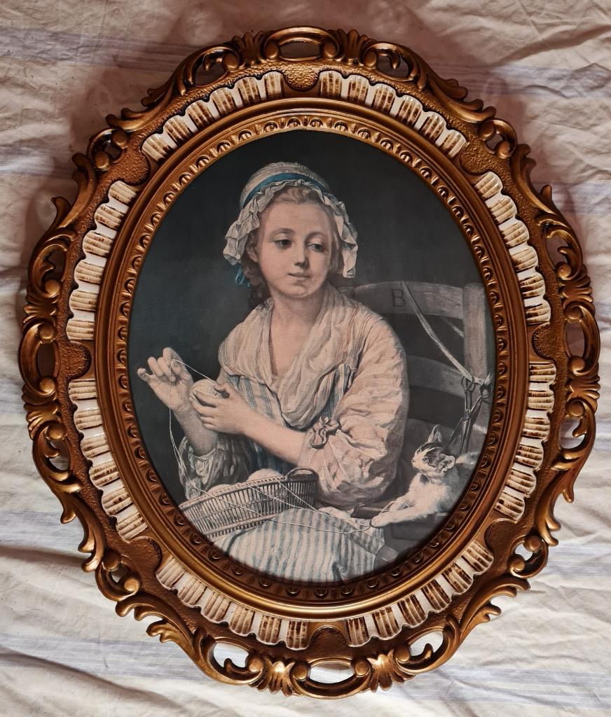Afbeelding van "La pelote de laine" in vintage lijst, Ophalen, Zo goed als nieuw, Minder dan 50 cm, Print