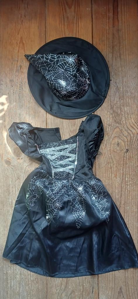 Heksenjurk met hoed - Spinnenweb Halloween kostuum, Ophalen, Gebruikt, 104 of kleiner, Meisje