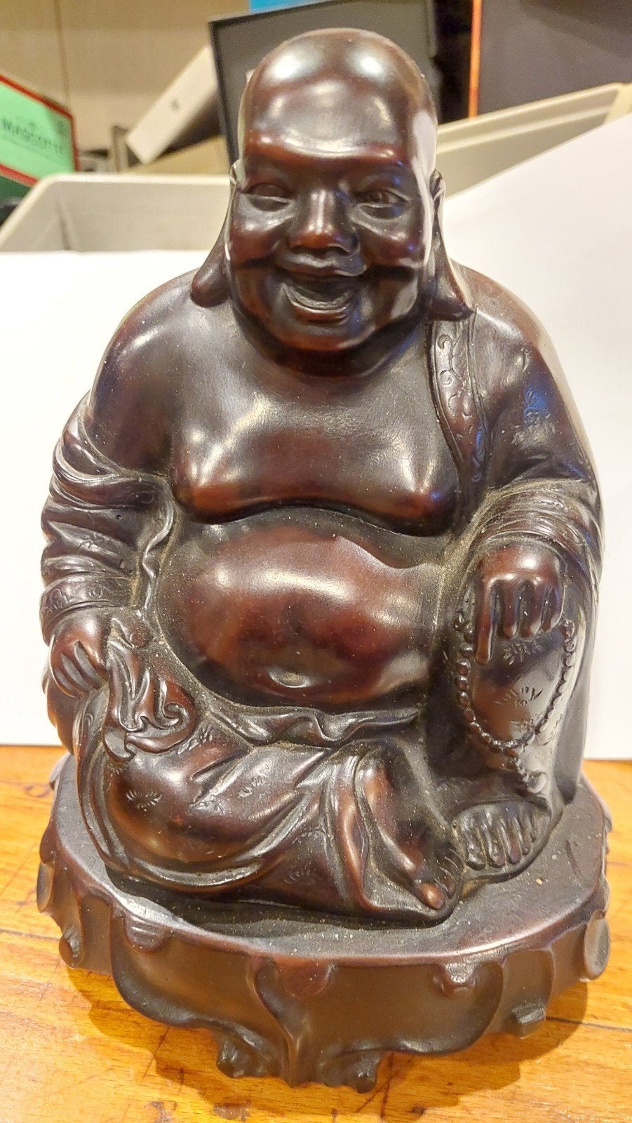 Lachende Boeddha Beeld - 20 cm hoog, 1775 gram, Ophalen of Verzenden, Gebruikt, Bruin