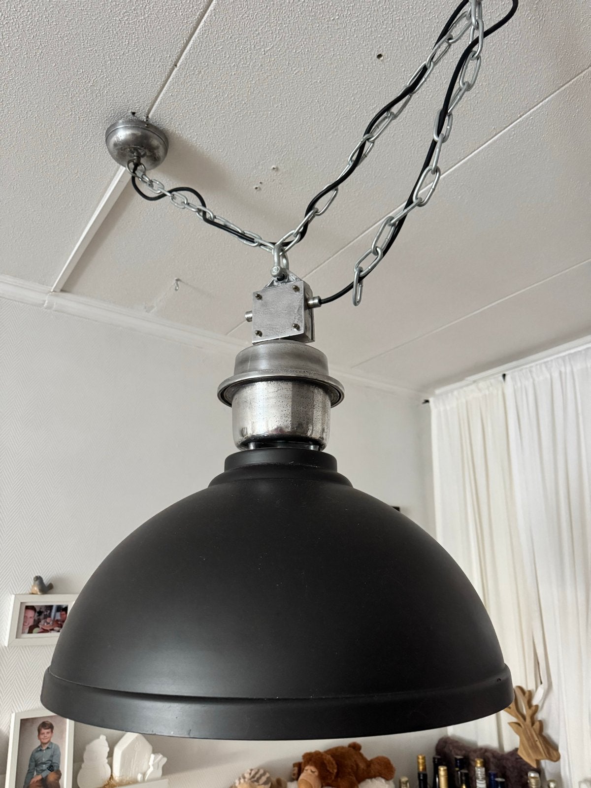Industriële hanglamp - Zwart met metalen ketting, Ophalen, Gebruikt, Metaal, E27 (groot)