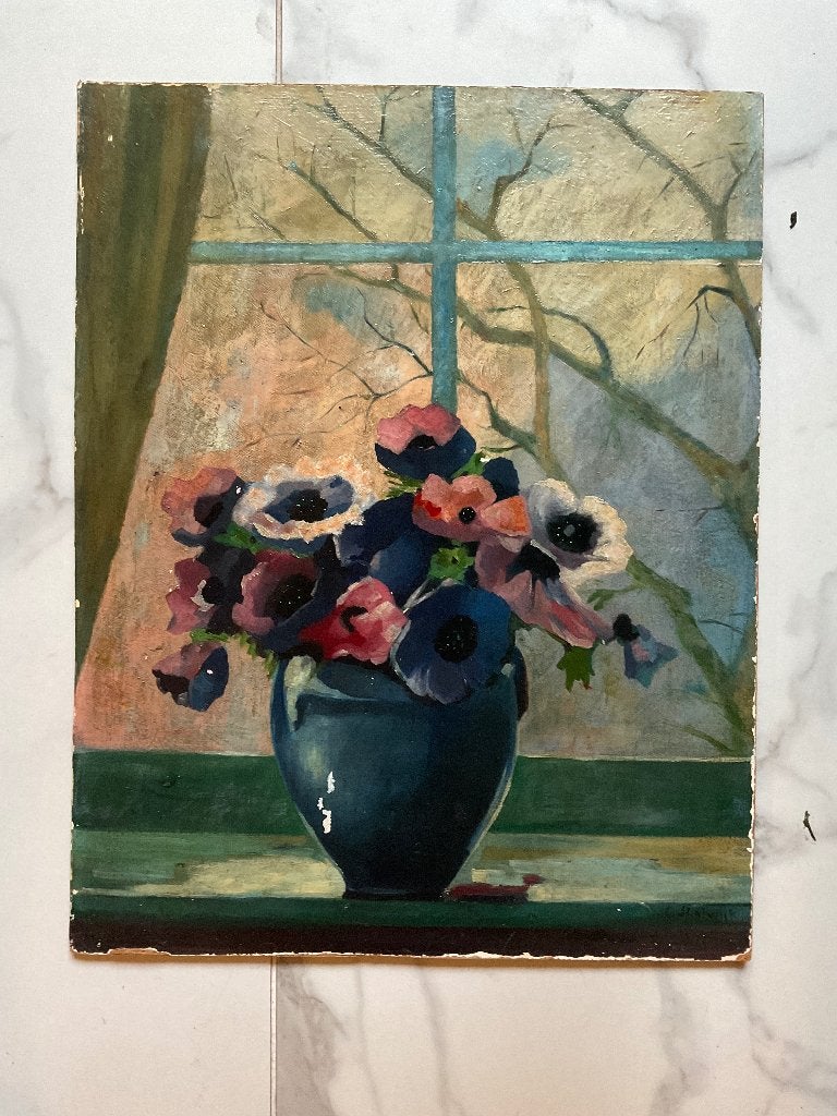 Schilderij met bloemen, Bloemen, Paneel, Gesigneerd, Impressionistisch
