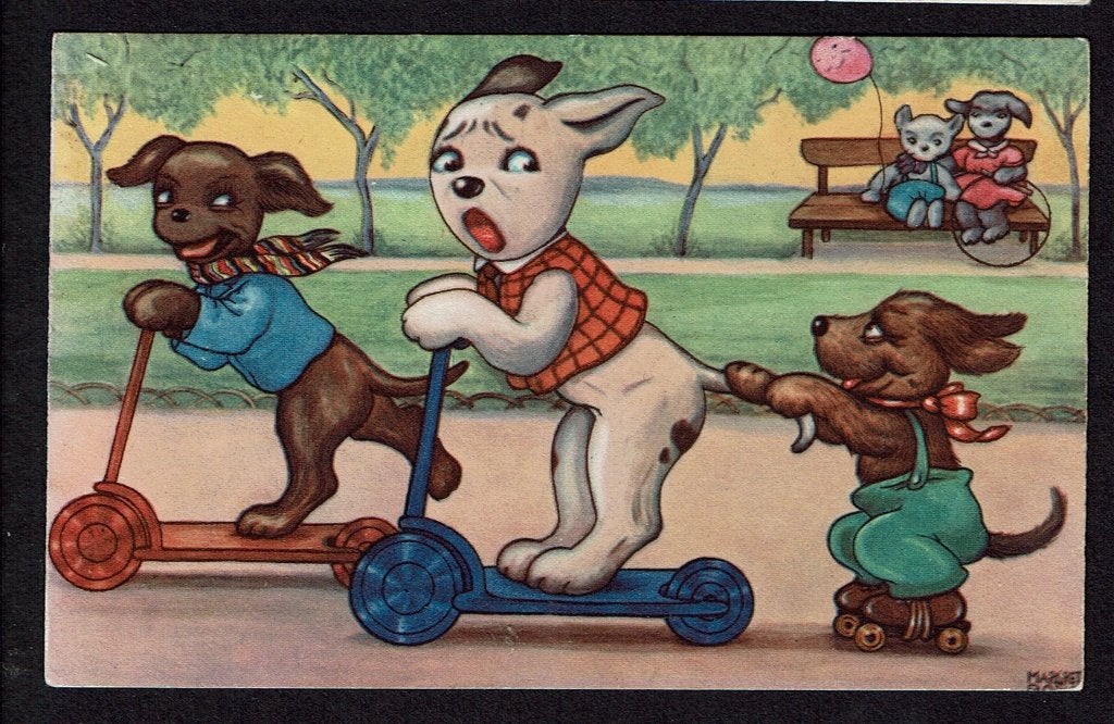 Vintage Ansichtkaart: Honden op Steppen en Schaatsen, Ophalen of Verzenden, Gebruikt, Hond of Kat, Overige typen