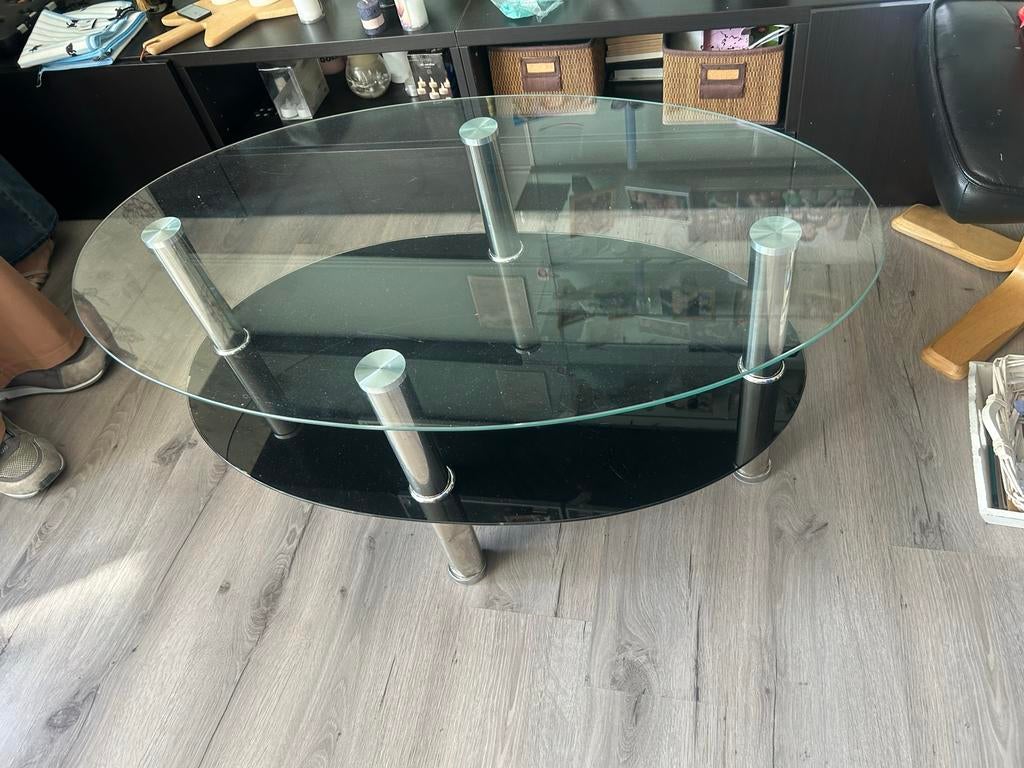 Moderne glazen salontafel met twee bladen, Huis en Inrichting, Ophalen, 100 tot 150 cm, 50 tot 100 cm, Minder dan 50 cm