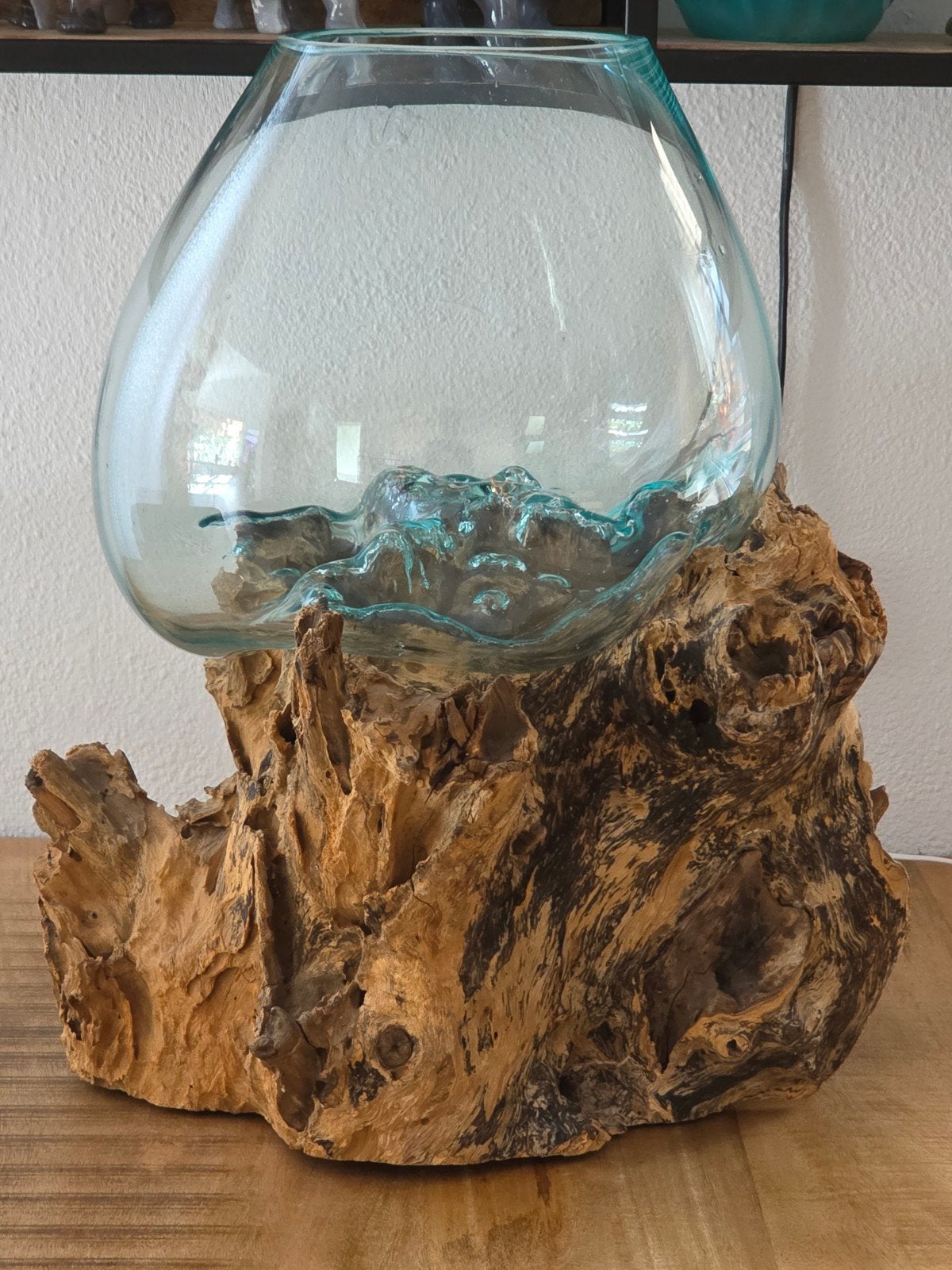 Prachtige XXL vaas op hout - 46 cm hoog, 37 cm breed, Ophalen, Nieuw, Glas, Nvt