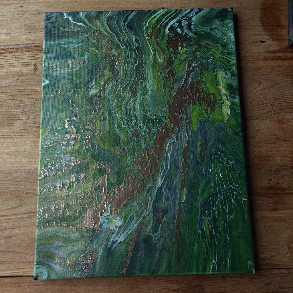 Abstract schilderij donkergroen en goud 30 x 40 cm, Ophalen