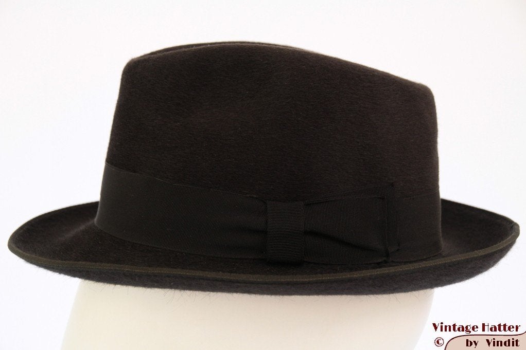 Vintage Gleufhoed Rein Haar zwart grijs haarvilt 55 = S - XS, Ophalen of Verzenden, 57 cm (M, 7⅛ inch) of minder, Gedragen, Rein Haar - Maria Mayer