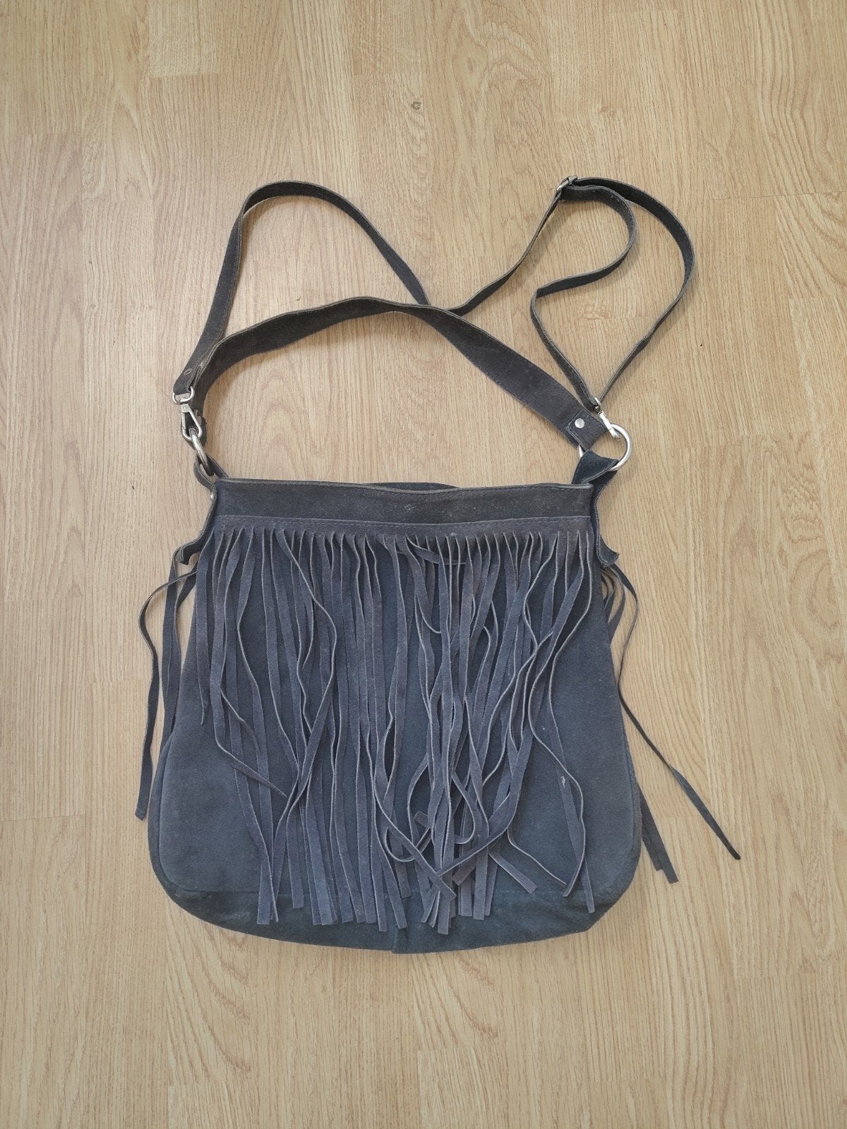 Donkerblauwe suède tas met franjes - Cowboy stijl, Verzenden, Blauw