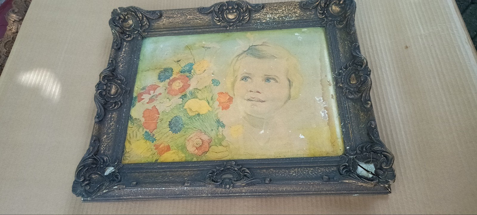 Vintage Schilderij Meisje met Bloemen in Barokke Lijst, Ophalen of Verzenden