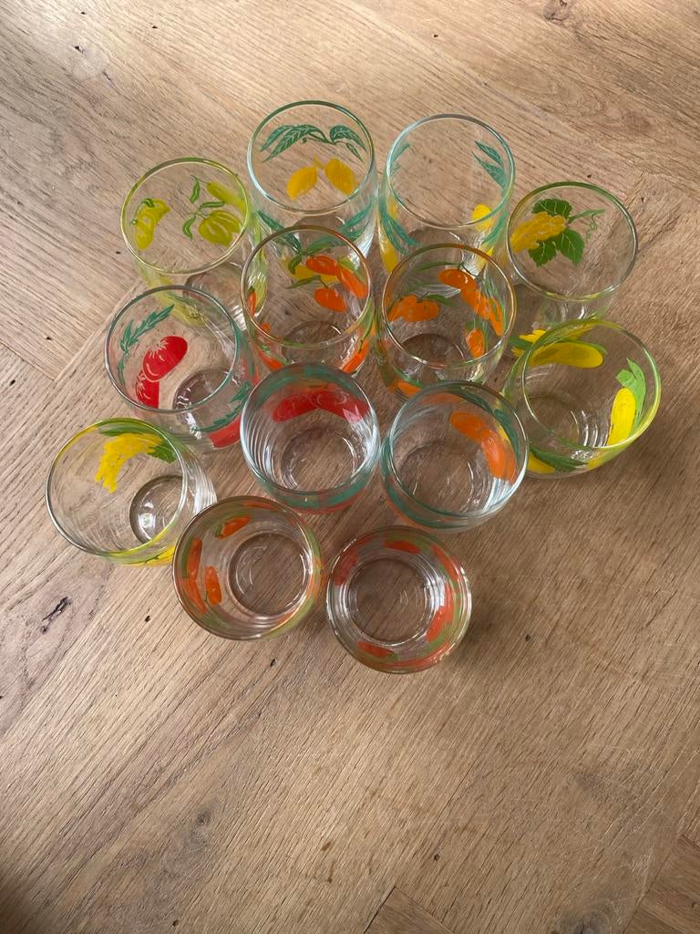 13 Vintage limonadeglaasjes met fruitprints, Ophalen of Verzenden