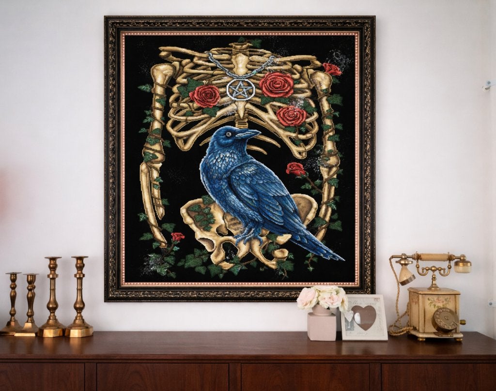 Decoratie schilderij gothic met raaf en skelet Corvus, Handgemaakt, Zwart, Nieuw, Ophalen of Verzenden