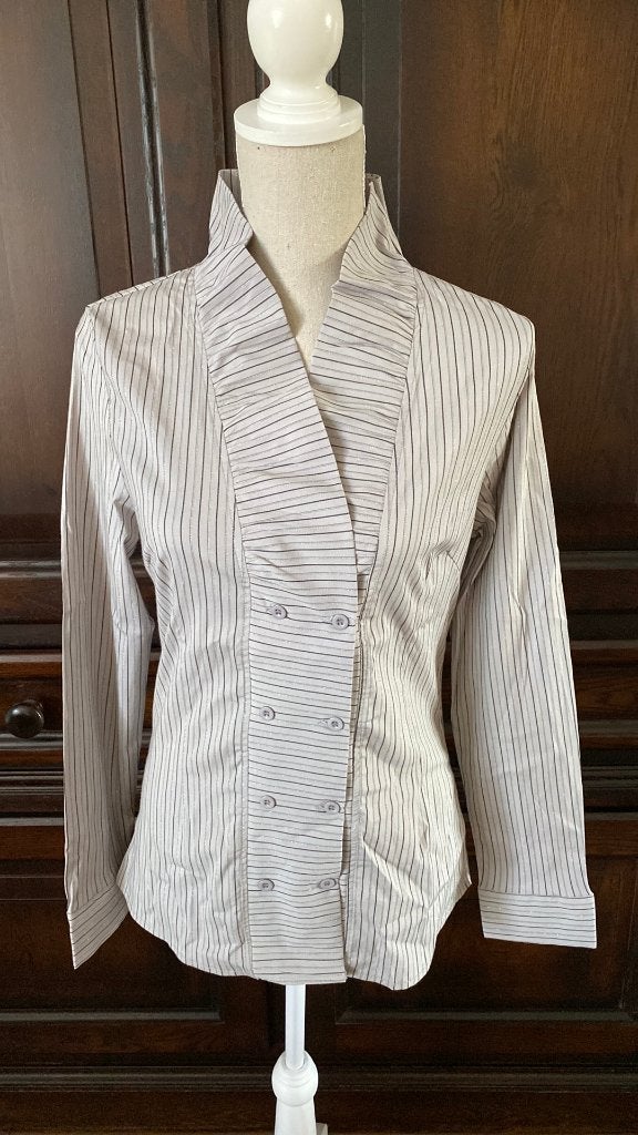 Blouse Grijs gestreept Maat 38 met Roezel kraag, Ophalen of Verzenden, Zo goed als nieuw, Maat 38/40 (M), Grijs