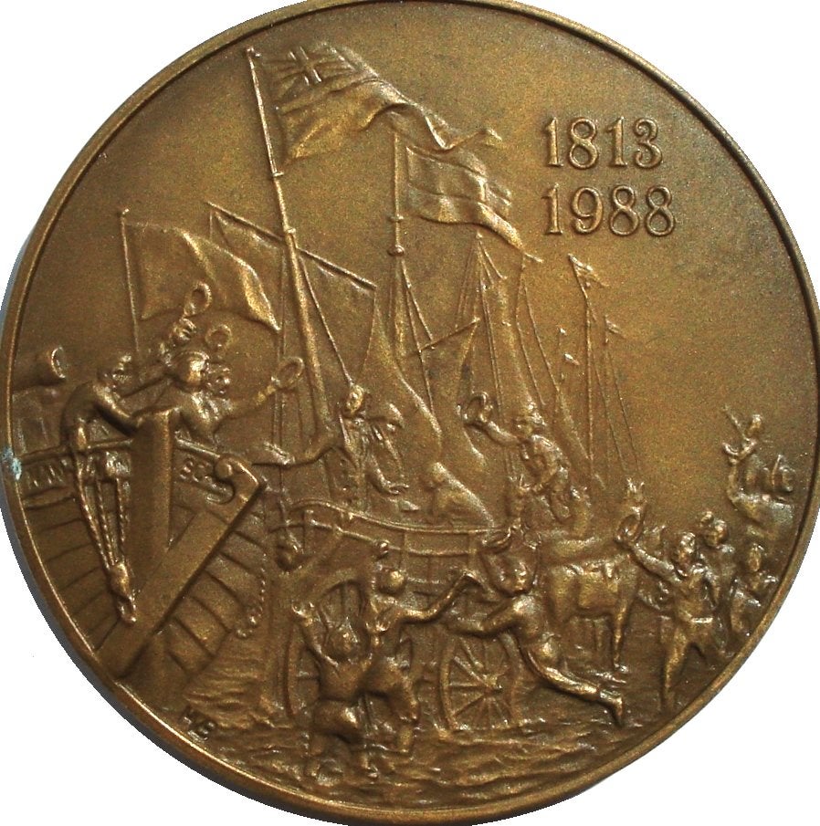 Nederland penning Landing Prins Oranje 1813-1988 (zeldzaam), Ophalen of Verzenden, Brons, Nederland