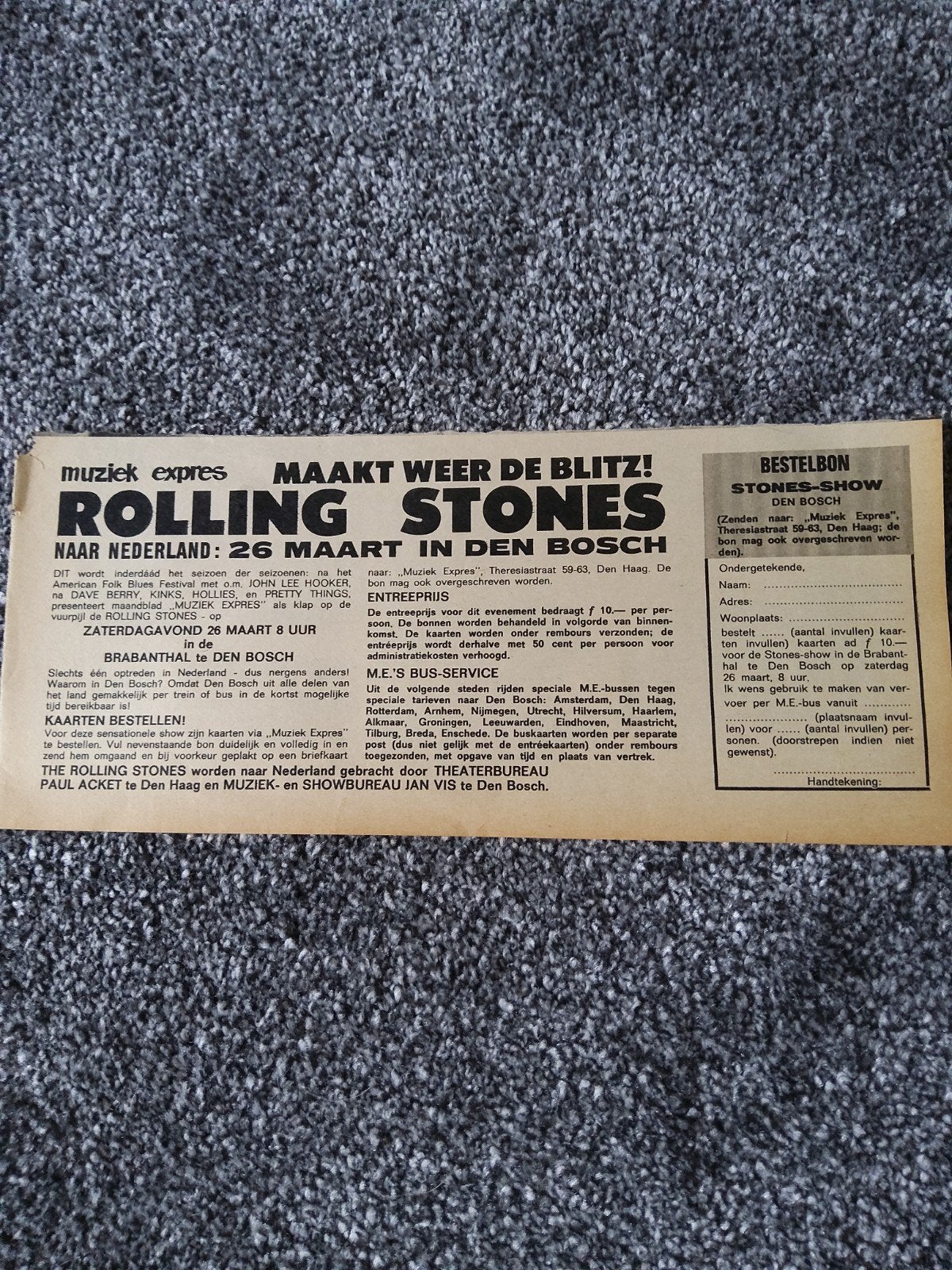 Aankondiging Rolling stones Den Bosch 26-3-1966, Ophalen of Verzenden, Gebruikt, Boek, Tijdschrift of Artikel